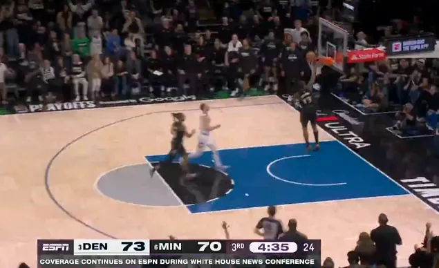 戈贝尔抢断约基奇接球，多森姆反击砍下26分追至1分打停掘金